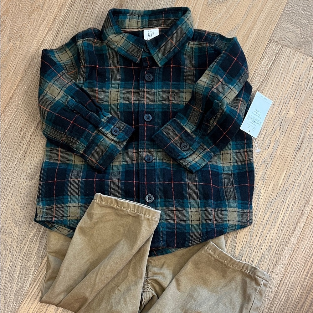 6-12M BabyGAP Plaid Button-Up Shirt and Tan Pants Set